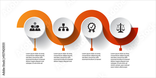 Infographic design with curved flow and circular icons representing teamwork, structure, quality assurance, and legal balance. Suitable for business concepts and corporate visuals.