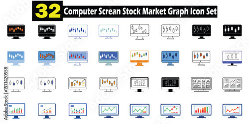 Collection of thirty two diverse and informative stock market graph icons displayed on computer monitors in various styles.