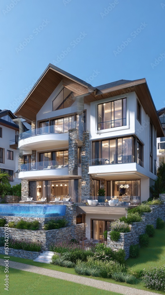 Fototapeta premium Modern luxury house with swimming pool in Istanbul overlooking the city at dusk, featuring marble and wood facade, large windows, and inviting terrace dining area