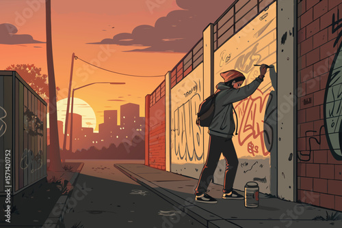 Lo-fi vector teen paints graffiti on an old 'em' machine. Distressed, layered, colorful.