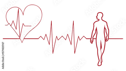 Line drawing of a heart with a heartbeat and a person walking on a white background design art
