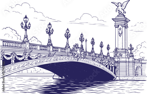 Alexandre III Bridge over Seine River in vintage line art style