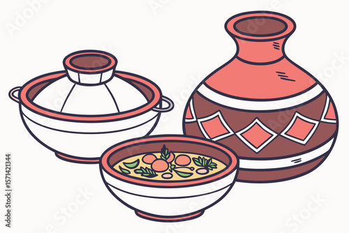 Illustration of a covered bowl a bowl of soup and a decorated vase on a white background art