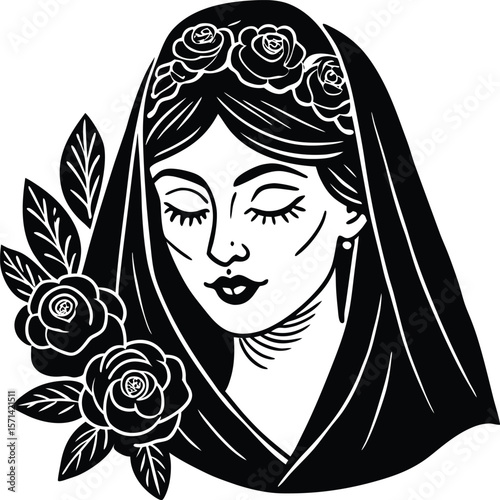 Woman veiled with roses floral black and white