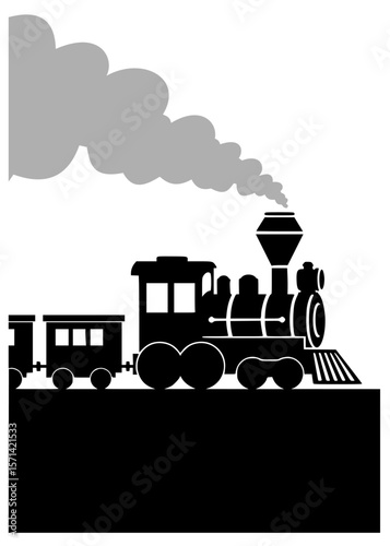 Black and white silhouette of a vintage train and steam