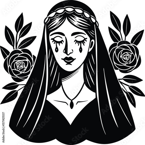 Weeping woman with roses black and white tears