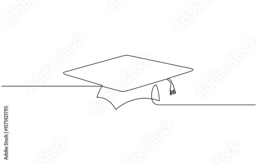 Continuous one line art drawing of graduation hat design vector illustration, Graduation cap and diploma continuous one line drawing. Graduation, celebration, achievement concept. Single line drawing