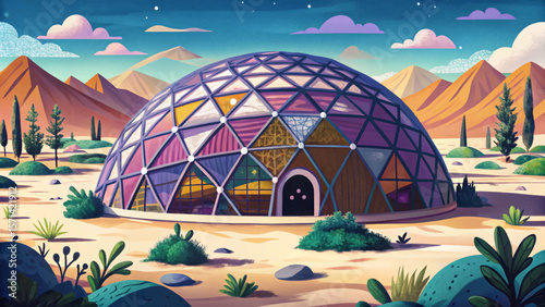 Futuristic dome vector, nature reserve in barren wasteland, sci-fi eco concept, environmental survival, green oasis, desert future, climate change, protected biome, advanced technology