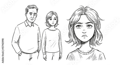 Worried parents looking at their serious daughter in a minimalistic style copy space