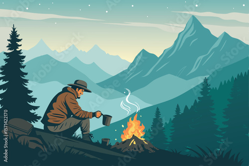 A lone hiker brews coffee over an open fire amidst a breathtaking mountain panorama, emphasizing solitude and the joy of outdoor adventures.