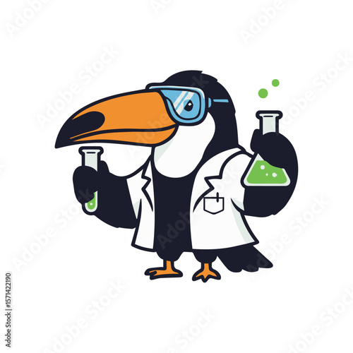 A Toucan Mascot Scientist Holding A Beaker With Chemicals, Flat Vector Art.