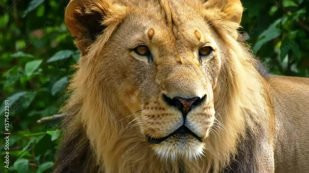Majestic lion portrait, jungle backdrop Majestic lion portrait, jungle backdrop