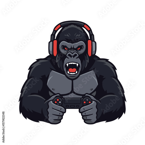 A Gorilla Gamer Mascot Wearing Headphones And a Controller, Flat Vector Mascot