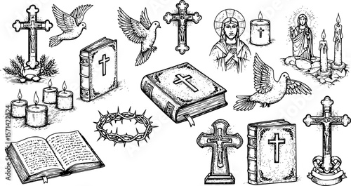 Faith in God, concept. Hand drawn Bible symbols collection in vintage engraving style. Sketch vector illustration
