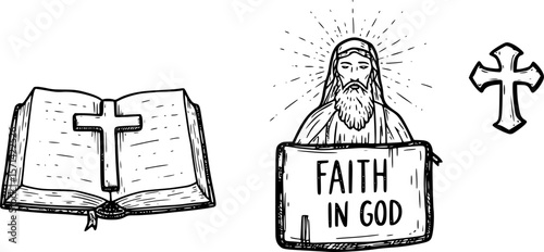 Faith in God, concept. Hand drawn Bible symbols collection in vintage engraving style. Sketch vector illustration
