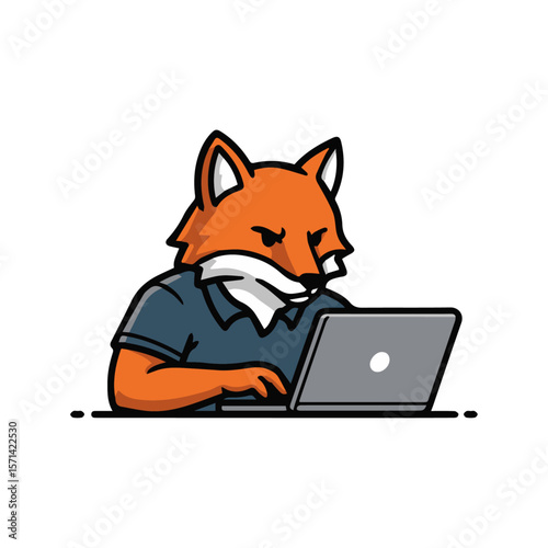 A Fox Mascot Working On Laptop, Flat Vector Art.
