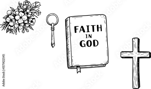 Faith in God, concept. Hand drawn Bible symbols collection in vintage engraving style. Sketch vector illustration
