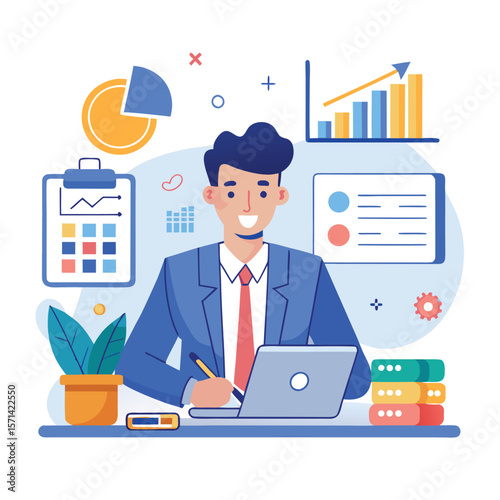 Smiling businessman working on laptop with financial charts and data illustrations