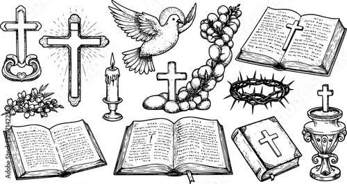 Faith in God, concept. Hand drawn Bible symbols collection in vintage engraving style. Sketch vector illustration
