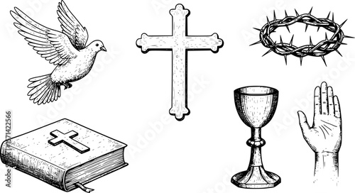 Faith in God, concept. Hand drawn Bible symbols collection in vintage engraving style. Sketch vector illustration
