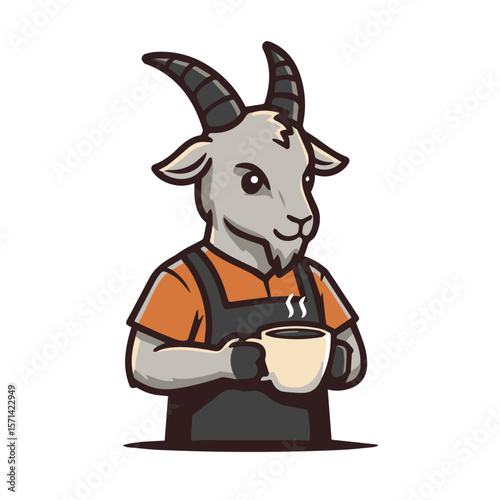 A Goat Barista Mascot Holding A Coffee, Cute Vector Mascot, Flat Vector Art.