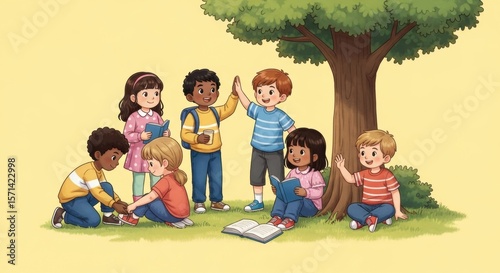 A charming storybook illustration of a diverse group of children reading and playing happily together under a tree. Friendship and learning concept.