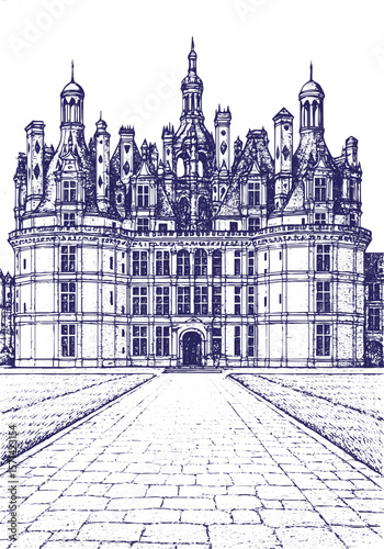 Château de Chambord in detailed vintage line art style