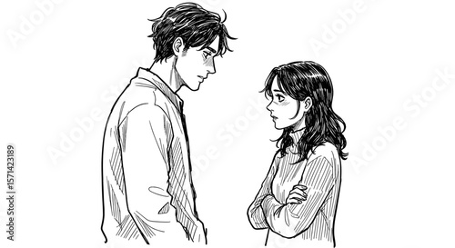 Two people having a serious conversation with a tense expression in a minimalistic style copy space
