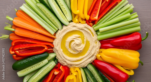 Vibrant and healthy raw vegetable crudités platter with a creamy hummus dip, perfect for snacking or as a party appetizer