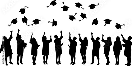 Set of flying graduation caps. Collection of students toss caps. Black white vector illustration.
