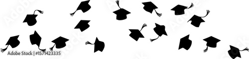 Set of flying graduation caps. Collection of students toss caps. Black white vector illustration.

