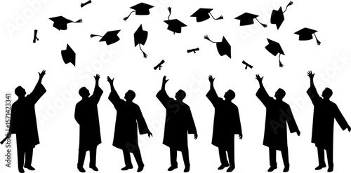 Set of flying graduation caps. Collection of students toss caps. Black white vector illustration.
