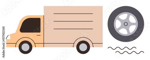 Delivery truck with detached wheel and motion lines suggesting movement or repair. Ideal for logistics, transportation, vehicle repair, courier services, mobility concepts, fleet management