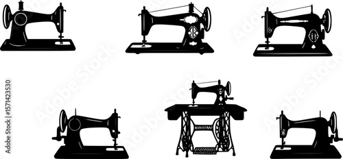 A Silhouette Pattern of Six Vintage Sewing Machines on a White Background
