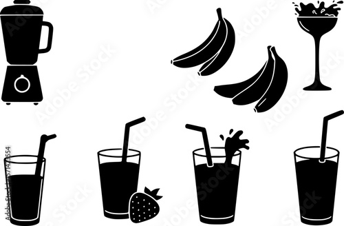 Smoothie ingredients icon set – solid style mixology and beverage symbols for healthy lifestyle: blender, banana, strawberry, ice cubes, glass, juice pour, splash