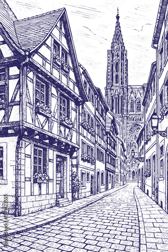 Old European street with cathedral in detailed vintage line art style