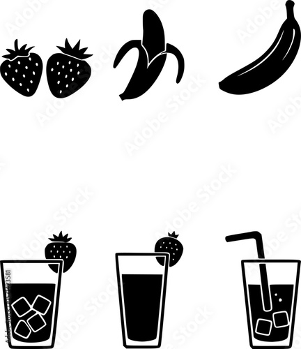 Smoothie ingredients icon set – solid style mixology and beverage symbols for healthy lifestyle: blender, banana, strawberry, ice cubes, glass, juice pour, splash