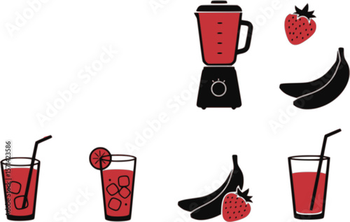 Smoothie ingredients icon set – solid style mixology and beverage symbols for healthy lifestyle: blender, banana, strawberry, ice cubes, glass, juice pour, splash