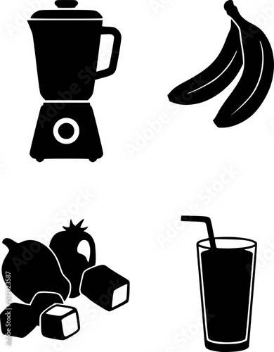 Smoothie ingredients icon set – solid style mixology and beverage symbols for healthy lifestyle: blender, banana, strawberry, ice cubes, glass, juice pour, splash