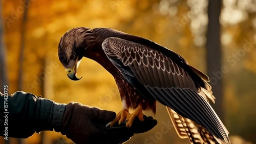 Falcon Perched on Gloved Hand, Hawk Training and Falconry, Bird of Prey in Hand of Trainer
