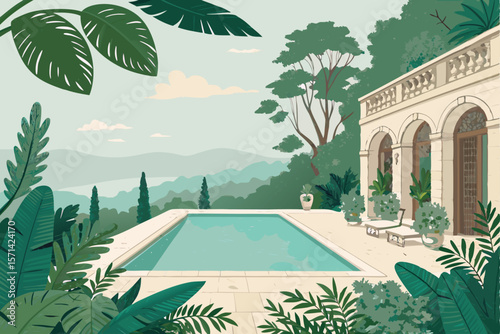 Vector, luxurious private villa pool surrounded by lush greenery, vibrant flowers, and stylish outdoor furniture.