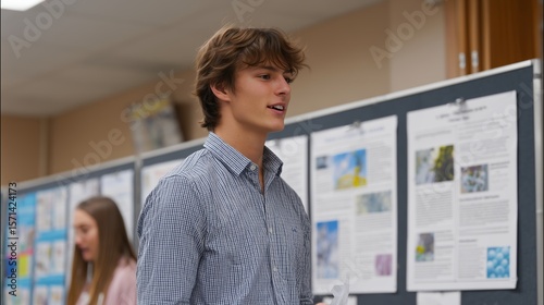 Student presents research findings at a science fair in a school auditorium during the afternoon