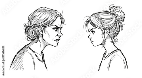 Angry woman and defiant girl facing each other in a minimalistic style copy space