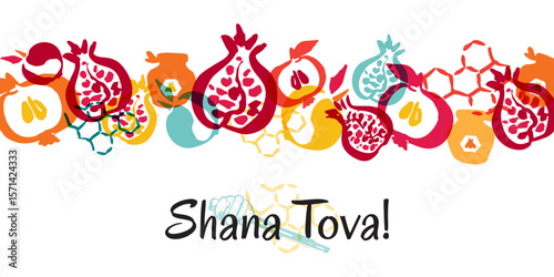 Jewish New Year, Rosh Hashanah Greeting card.  Horizontal banner with apples, honey combs and pomegranates. Vecor border with hand drawn decoration elements.