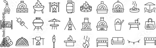 Outdoor Cooking & Fireplace Stroke Icon Collection Containing BBQ, Grill, Fire Pit, Campfire, and more. Editable Stroke Icons in Outline Style.
