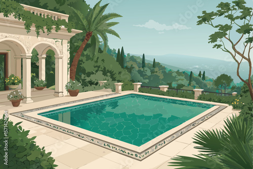 vector luxurious private villa pool surrounded by palm trees, tropical plants, blue sky, sunshine.