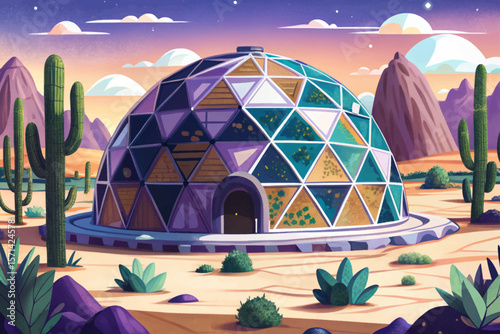 Futuristic dome vector, nature reserve in barren wasteland, sci-fi eco concept, environmental survival, green oasis, desert future, climate change, protected biome, advanced technology