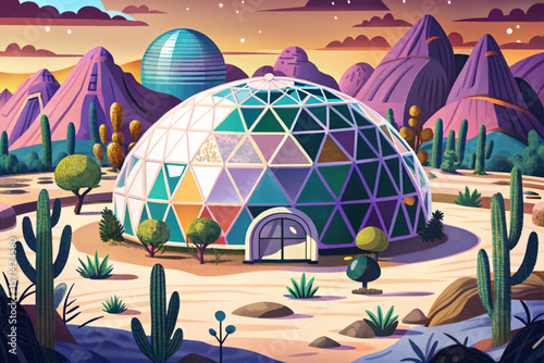 Futuristic dome vector, nature reserve in barren wasteland, sci-fi eco concept, environmental survival, green oasis, desert future, climate change, protected biome, advanced technology