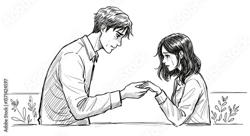 Gentleman comforting a sad woman by holding her hands in a minimalistic style copy space

