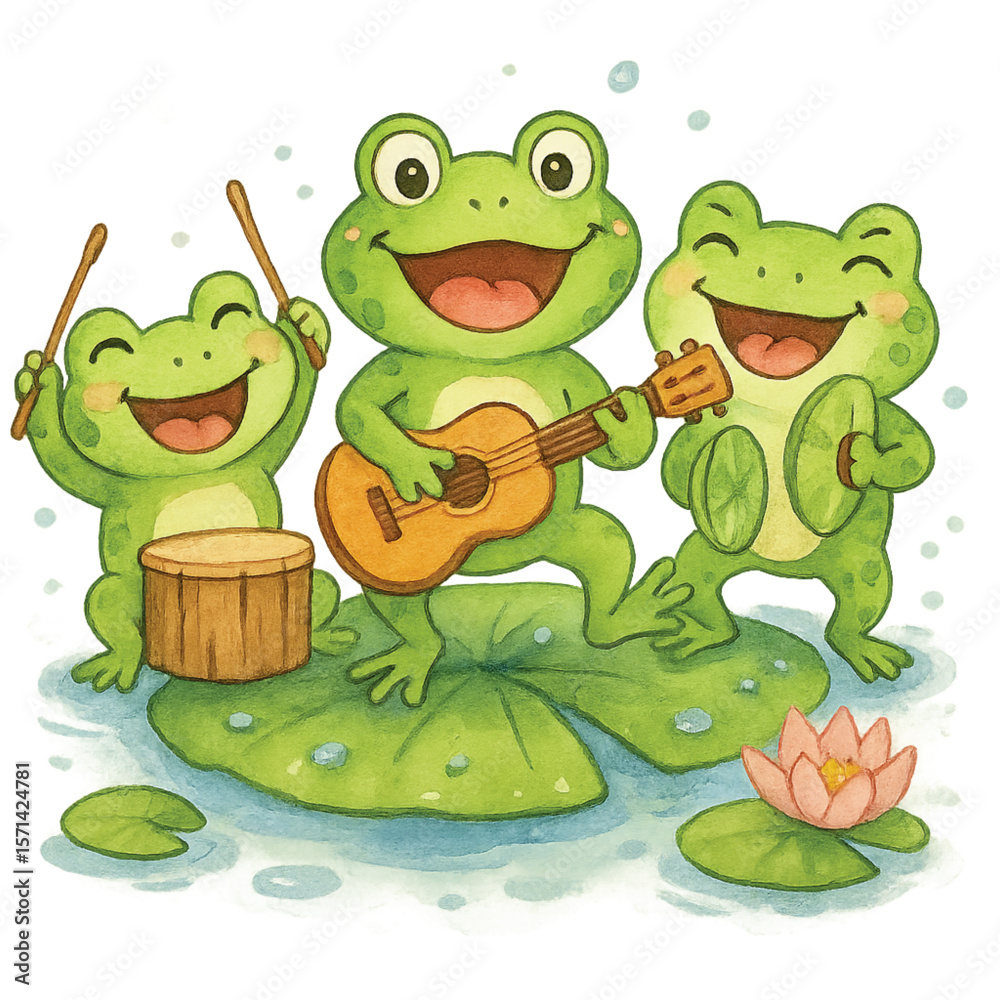 Fototapeta premium funny-frog-forky-forky-frog-band-on-lotus-leaf-watercolor